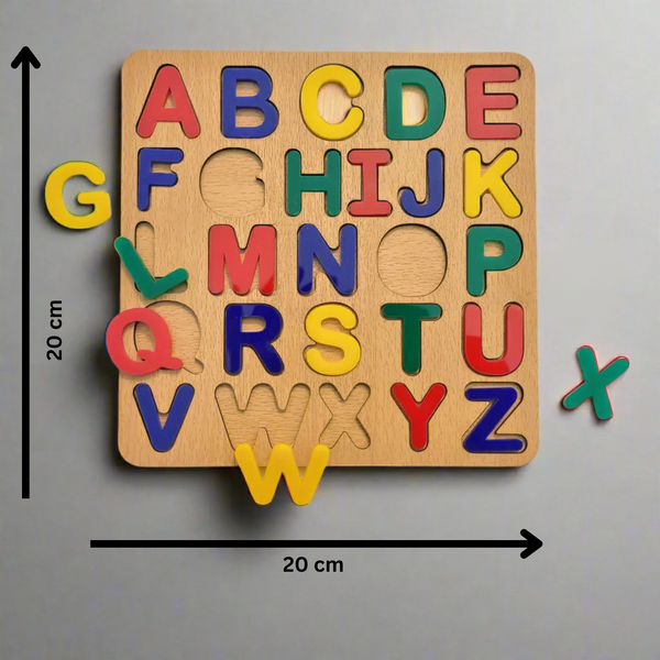 A–Z Wooden Alphabet Puzzle Board for Kids – Colorful English Learning Toy (20×20 cm)