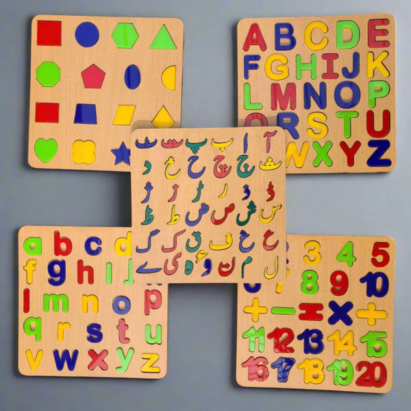 5-in-1 Wooden Learning Puzzle Set for Kids – Urdu, English, Numbers & Shapes Boards