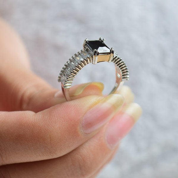Women Silver Cubic Black Topaz Ring|Cut Side Diamonds (Size 18)