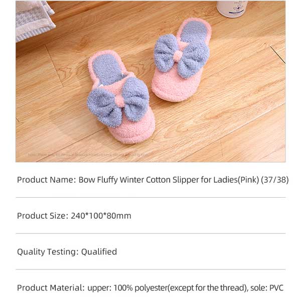 Bow fluffy winter cotton slipper for ladies(Pink, 37/38)