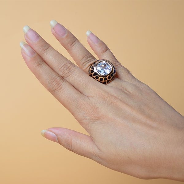 Antique Sapphire and Diamond Dome Ring | Leopard Print Enamel Domed Ring (S 18)