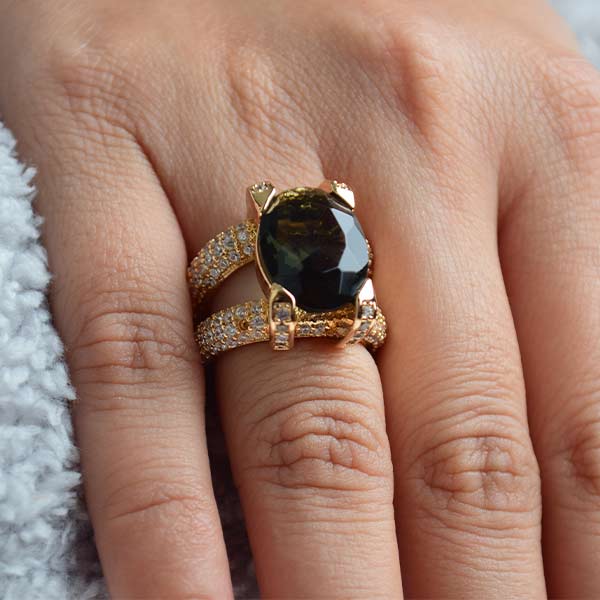 Unique Green Sapphire Big Ring with Diamonds | Gold Plated Jewelry (Size 19)