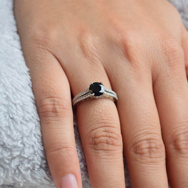 2 Prong Setting Studded Side Stone Black Diamond Ring (Size 17)