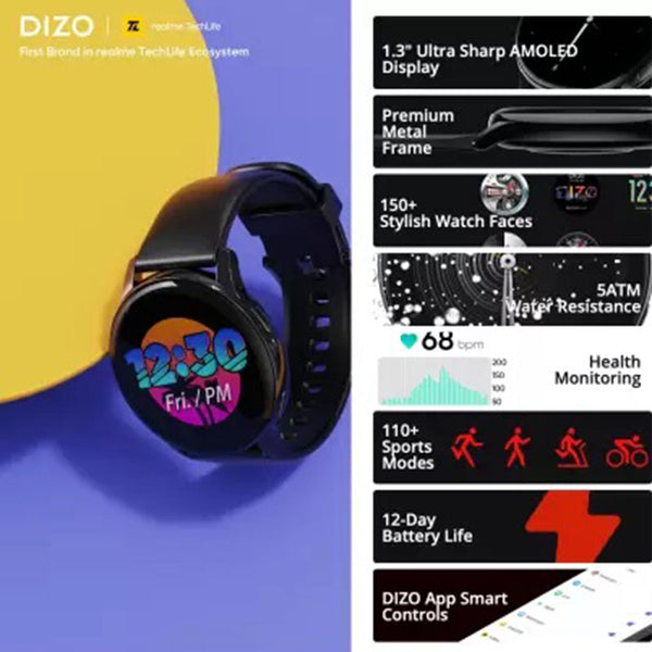 DIZO Watch R AMOLED with 45mm Dial Size (by Realme TechLife) – Classic Blac