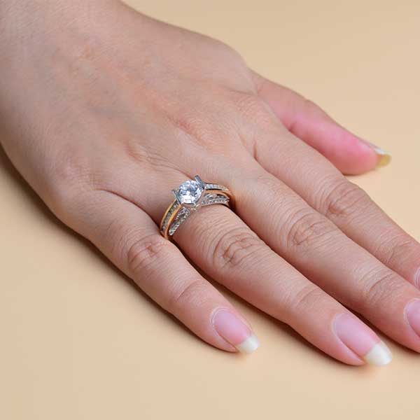 Rounded Two-Tone Gold Silver Ring | White Rhinestone Studded Halo Ring (S19)