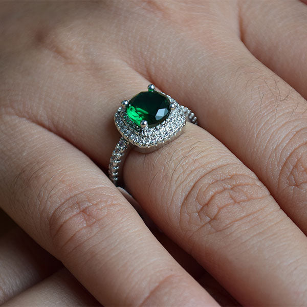 Cushion Cut Designer Halo Ring | Green Emerald & Round Diamond Ring (S 16)