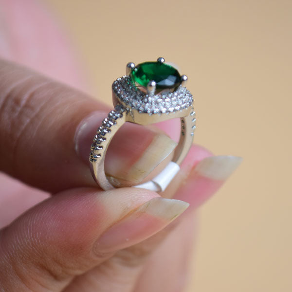 Cushion Cut Designer Halo Ring | Green Emerald & Round Diamond Ring (S 16)