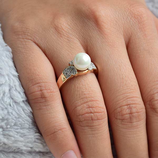 Yellow Gold Pearl and Diamond Ring | Cultured Pearl Ring (Size 18)