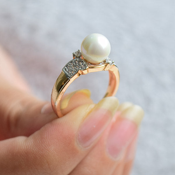 Yellow Gold Pearl and Diamond Ring | Cultured Pearl Ring (Size 18)