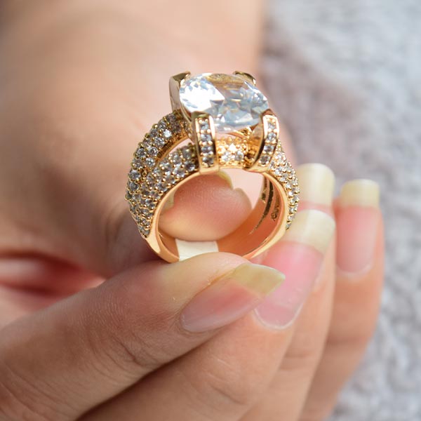 Oval Cocktail Ring | Women's Zircon Crystal Yellow Gold Ring (Size 17)