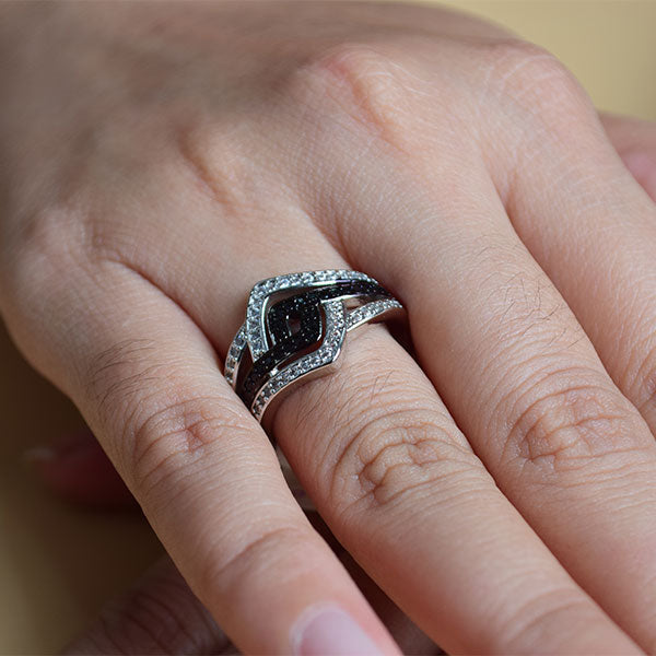 Enhanced Black and White Diamond Slant Ring in Sterling Silver (S 19)